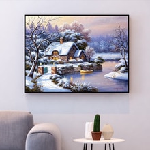 Huacan Kruissteek Borduren Winter Landschap Katoenen Draad Schilderen Diy Handwerkpakketten 14CT Winter Home Decoratie