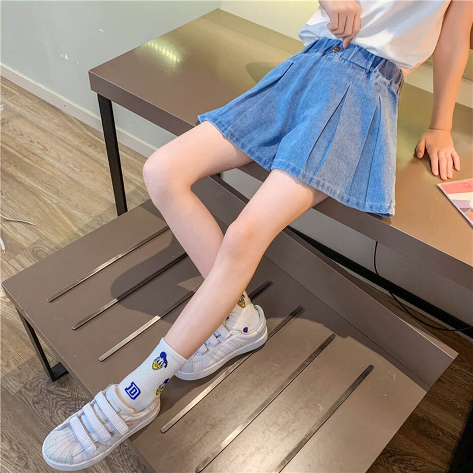Girls Short Jeans Ruched Girl Summer Jeans Child Solid Color Kids Jeans Elastic Waist Children's Clothing 6 8 10 12 14