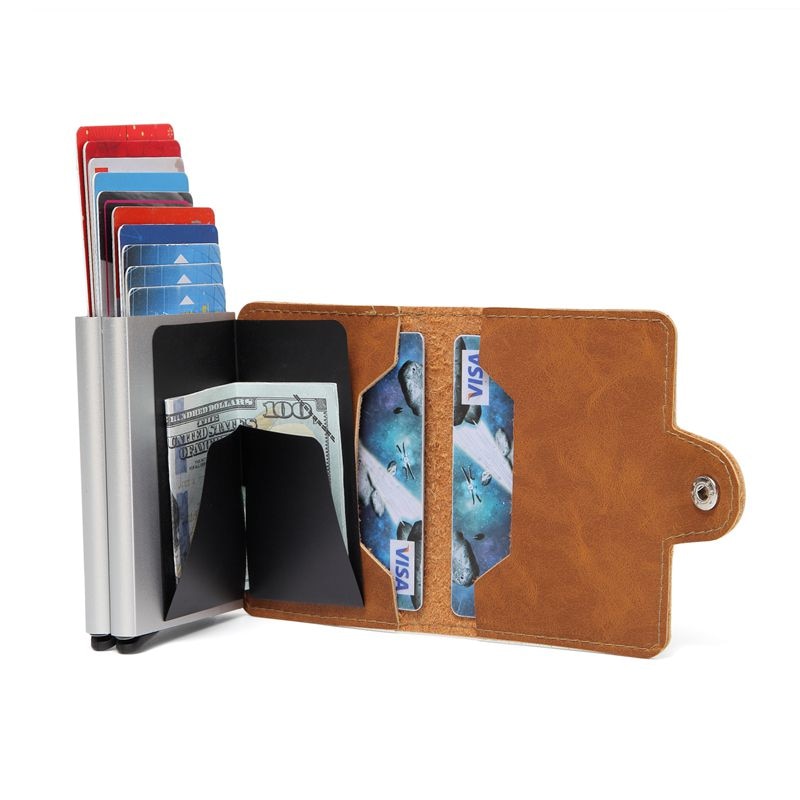 Women Rfid Wallet Metal Case Aluminum Double Box Leather Credit Card Holders for Men Slim Anti Protect Travel ID Cardholder