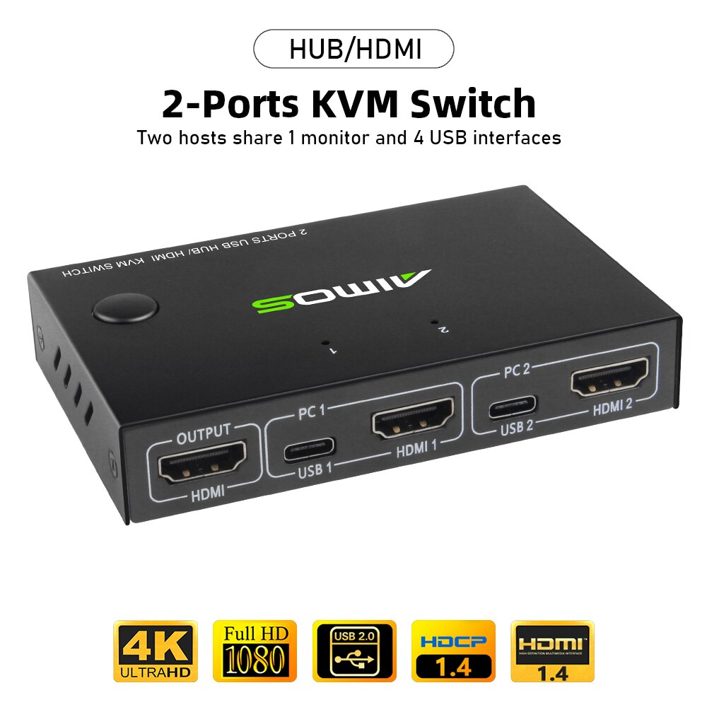 Aimos AM-KVM201CC 2-Poorts Kvm Switch Hdmi-Compatibel Splitter 10Gbps Usb Switch Splitter Voor 2 Pc Delen toetsenbord Muis Printer