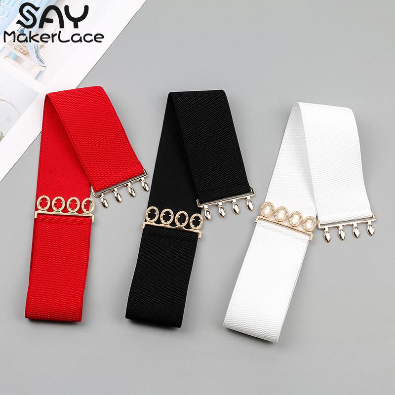 Bredt elastisk midjebelte for kvinner, enkel metallspenne i midjen, korsettbelte, kjole, elastiske belter