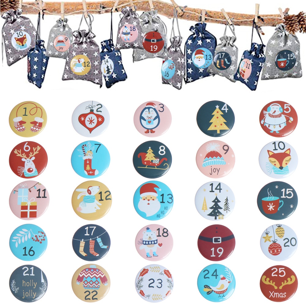 24 Stks/set Kerst Badges Vrolijk Kerst Advent Kalender Nummer Badge Diy Kerst Cadeau Metalen Labels Xmas Nieuwjaar Ornament