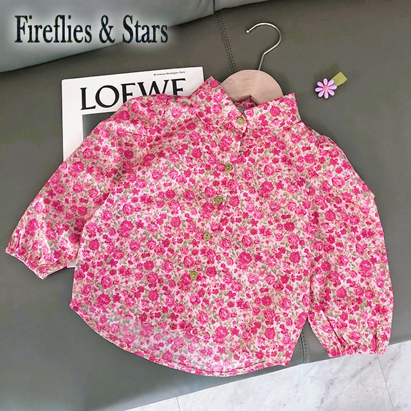 Forår efterår piger bluse baby skjorte børn toppe børn tøj rose blomster aop puf ærme skru ned krave 2 to 8 yr