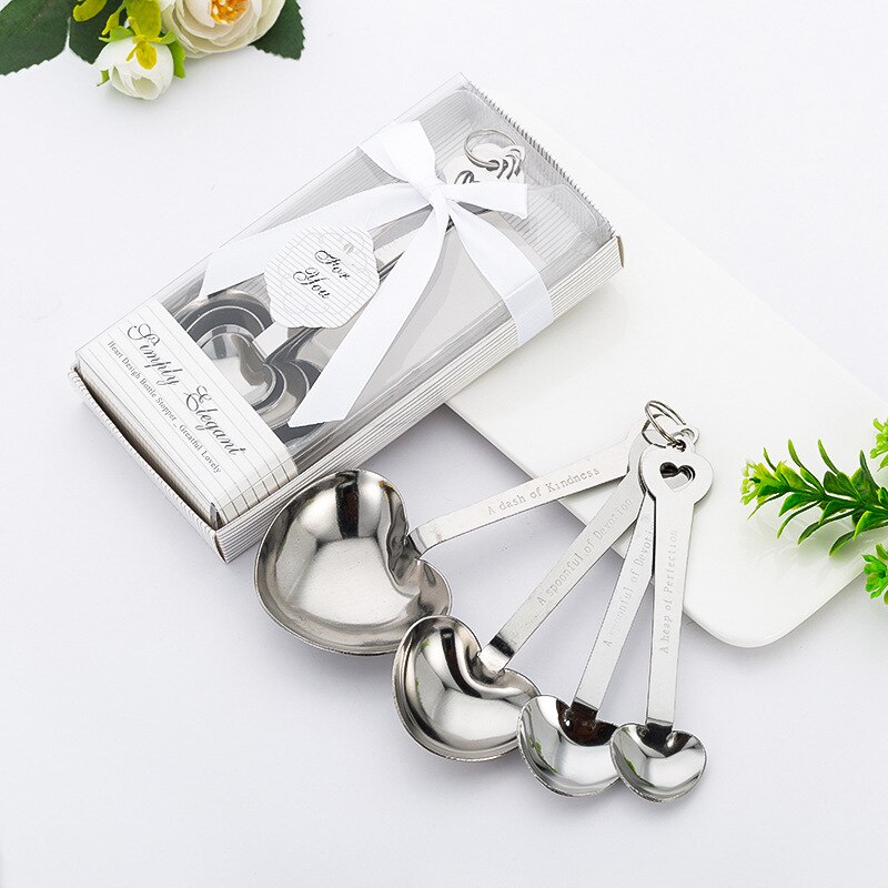 Cuchara medidora de acero inoxidable en forma de corazón, caja de blanca, recuerdos de boda, simple y , 10 juegos por lote,: Default Title