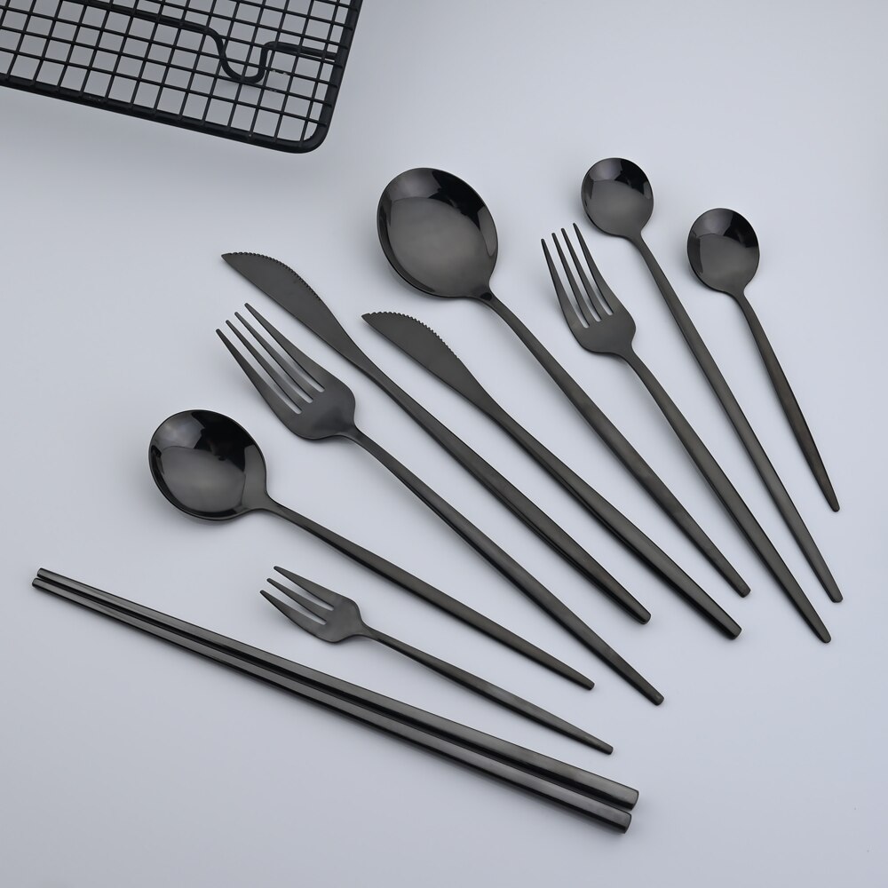 Knife Dessert Fork Long Handle Spoon Chopsticks Dinnerware Stainless Steel Black Flatware Cutlery Set Tableware Silverware Set