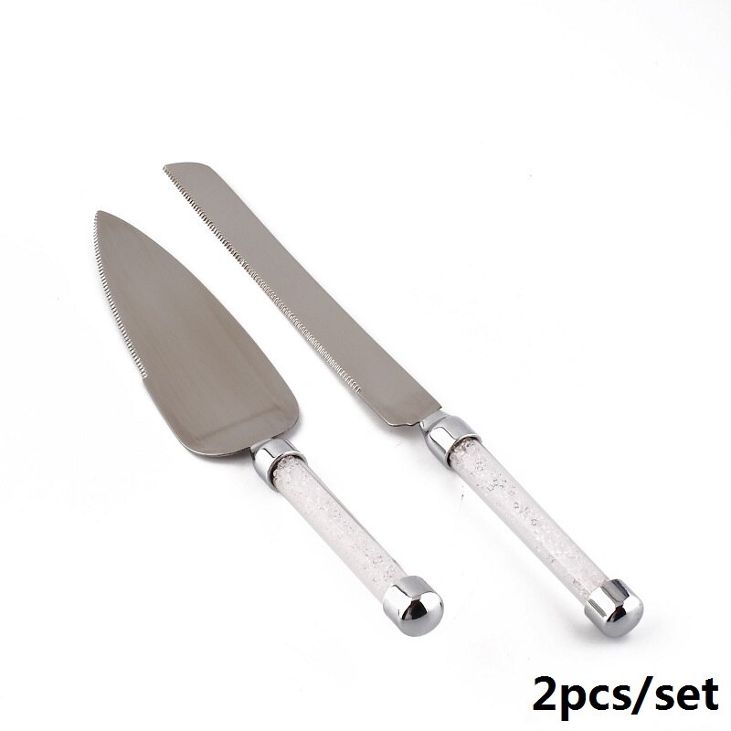  2pcs Wedding Cake Knife Server Set Stainless Steel Crystals Handle Cake Spatula Cutter Birthday Party Dinnerware Christmas: Light yellow
