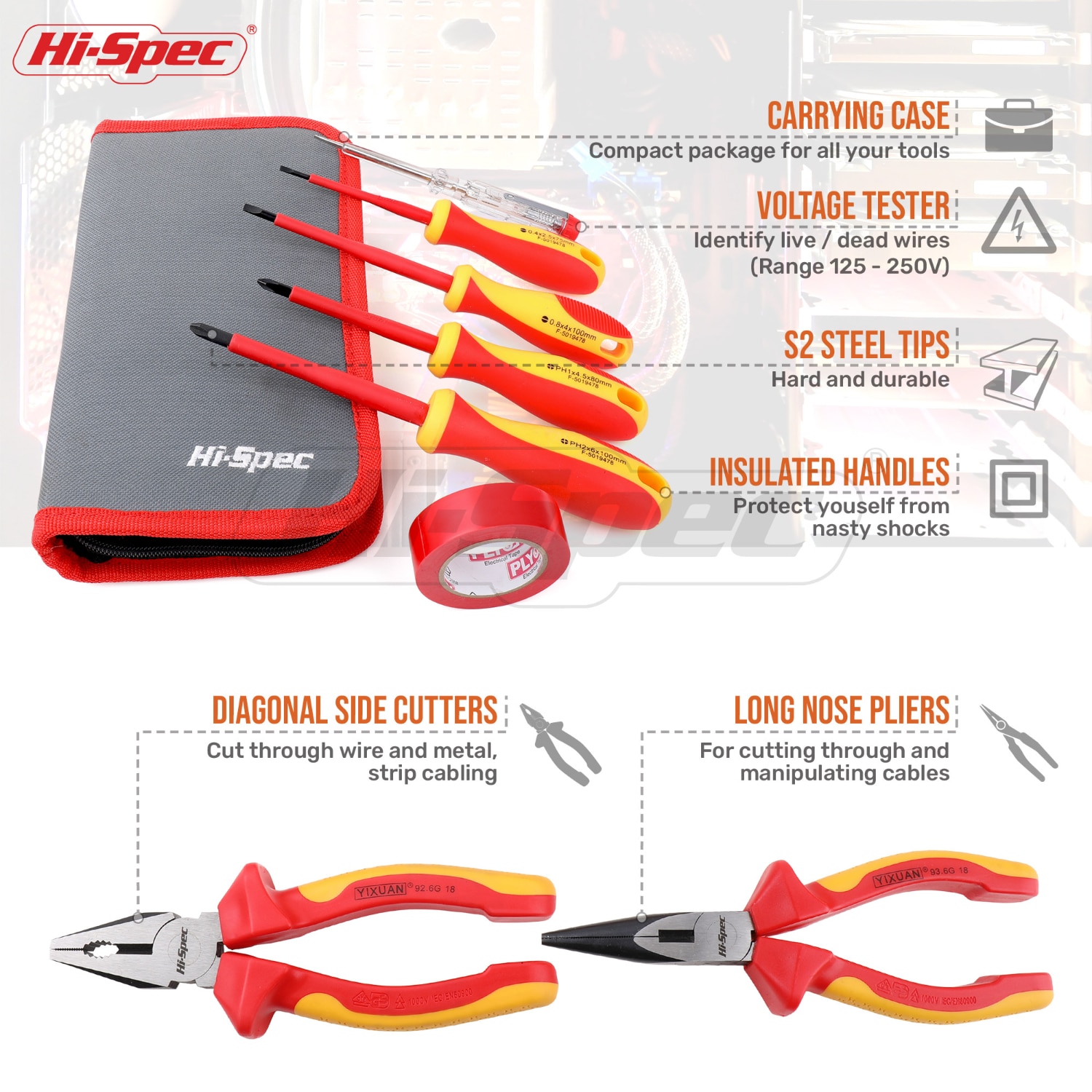 Hi-Spec 8Pc Vde 1000V Goedgekeurd Geïsoleerde Elektricien Tool Set S2 Magnetische Schroevendraaier Set Tester Elektrische Tape snijden Tang