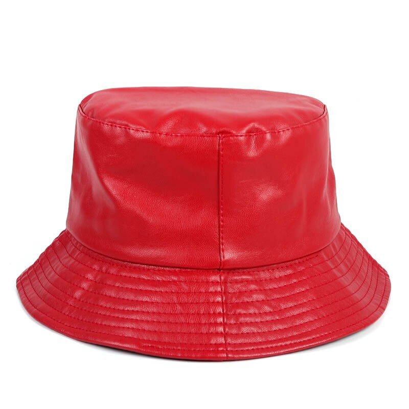 Women's Leather Bucket Hat Korea Style Black Red Woman Bucket Hats gorra mujer Bob Chapeau Femme fisherman Cap: Red