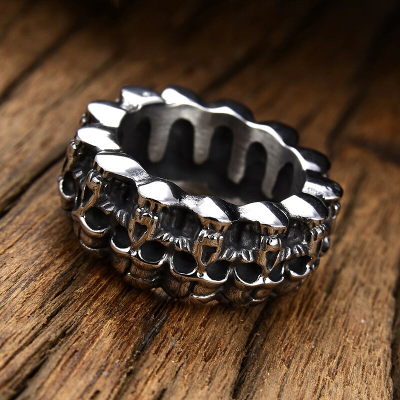 Vintage Solid 316L Rvs Skull Biker Ring Mannen Pave Skelet Ronde Bands Punk Ringen Mannelijke Gothic Sieraden