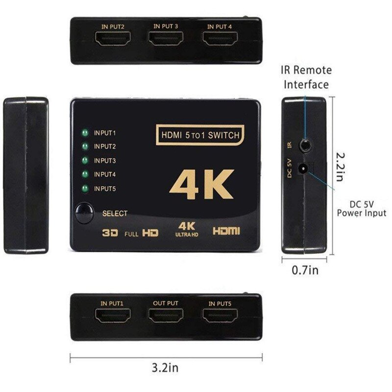 HDMI 4K HD Converter 5 Cut 1 Out Switch HDMI Splitter Audio Connector For Digital HDTV For PS3 Audio Video Receiver Black
