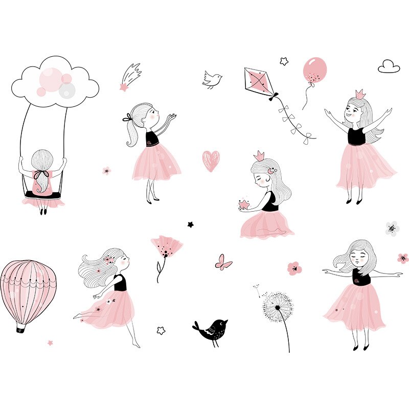 Pink Princess Playing Wall Stickers Cartoon Girl Vinyl Wall Decals for Children Baby Room Bedroom Decoration Girl Stickers Mural