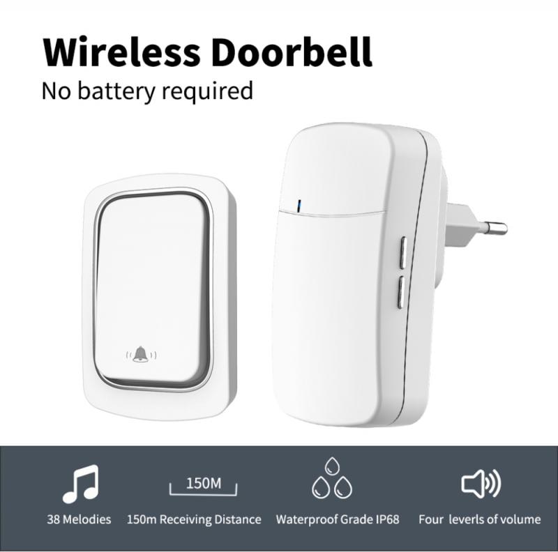 Wireless Doorbell Ring Doorbell Smart Welcome Door Bell Alarm No Battery Required US EU UK Plug Waterproof Home Door Chimes