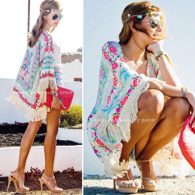 sommer Frauen Boho Randbereich Blumen- Kimono Strickjacke Quasten Strand Startseite hoch Kap Badeanzug