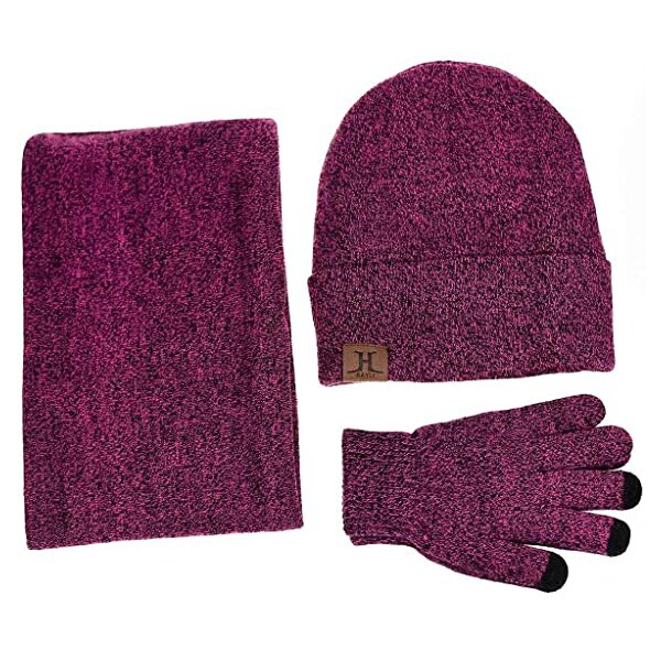 Winter Warm Beanie Hat Scarf Gloves Set Unisex Winter Warm Knitted Beanie Hat Neck Glove for Men Women XRQ88: Wine red 3 piece H