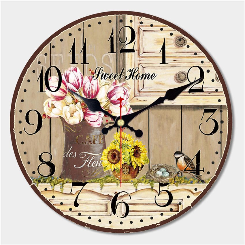MEISTAR 9 aufbringen Jahrgang Blume Runde Uhr Stille Wohnkultur Studie Cafe Büro Uhren Große Kunst Wanduhren 6 zoll: Weiß