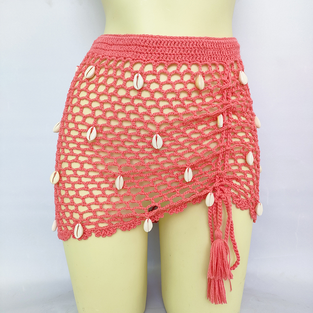 Women Beach Wear Swimsuit Cover-Ups Boho Summer See-Through Hollow Out Bandage High Waist Short Beach Skirt Crochet Knit Skirts: L / Orange