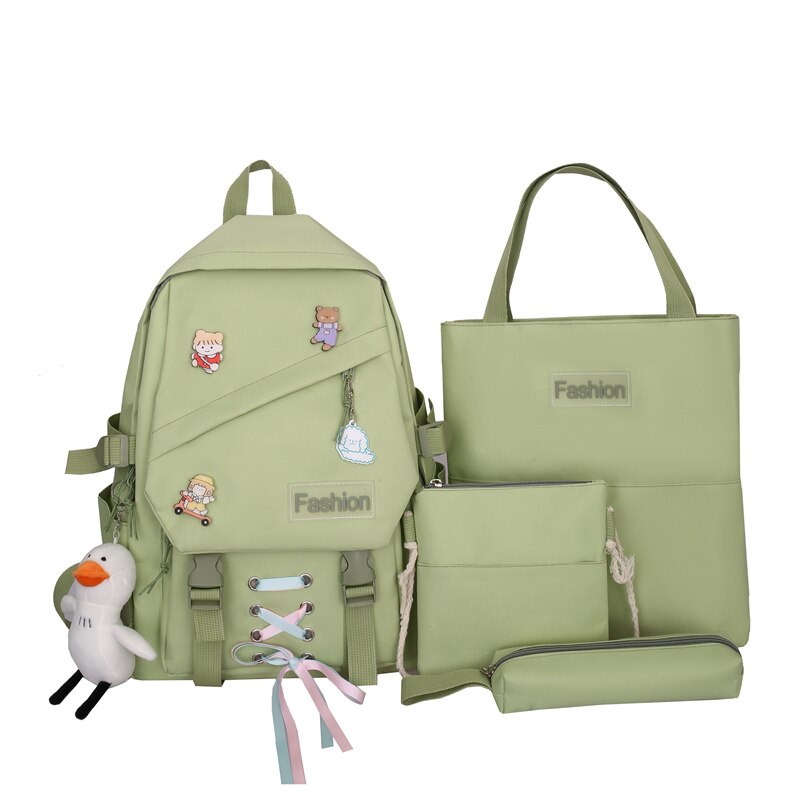 4-Delige Set Meisje Rugzak Voor School Tassen Tiener Leuke Lint Mode Middelbare School Student Rugzak Vrouwen nylon Groen: green / No pendant