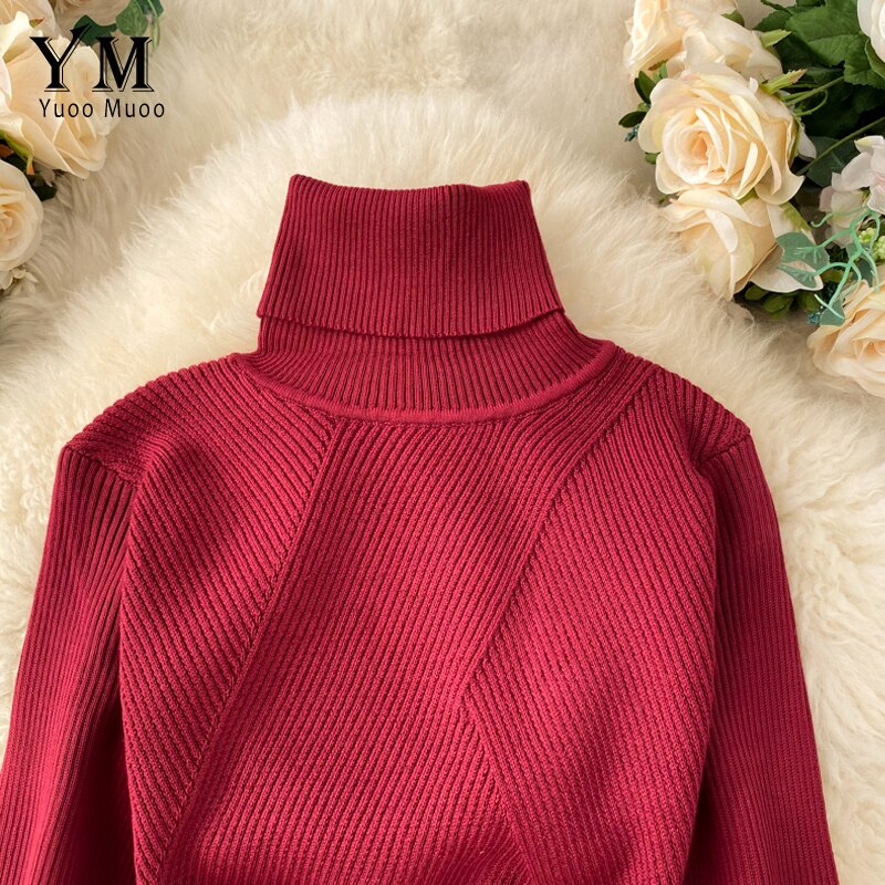 Yuoomuoo Trui Jurk Winter Coltrui Warme Lange Mouw Gebreide Jurk Alle Match Casual Solid Vrouwen Bodycon Jurk