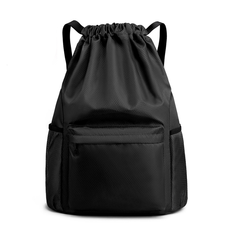 Men/Women Drawstring Pocket Backpack Nylon Waterproof Backpack Large Capacity Drawstring Travel Bag Fitness Sports Bag: 16 inches / Beige