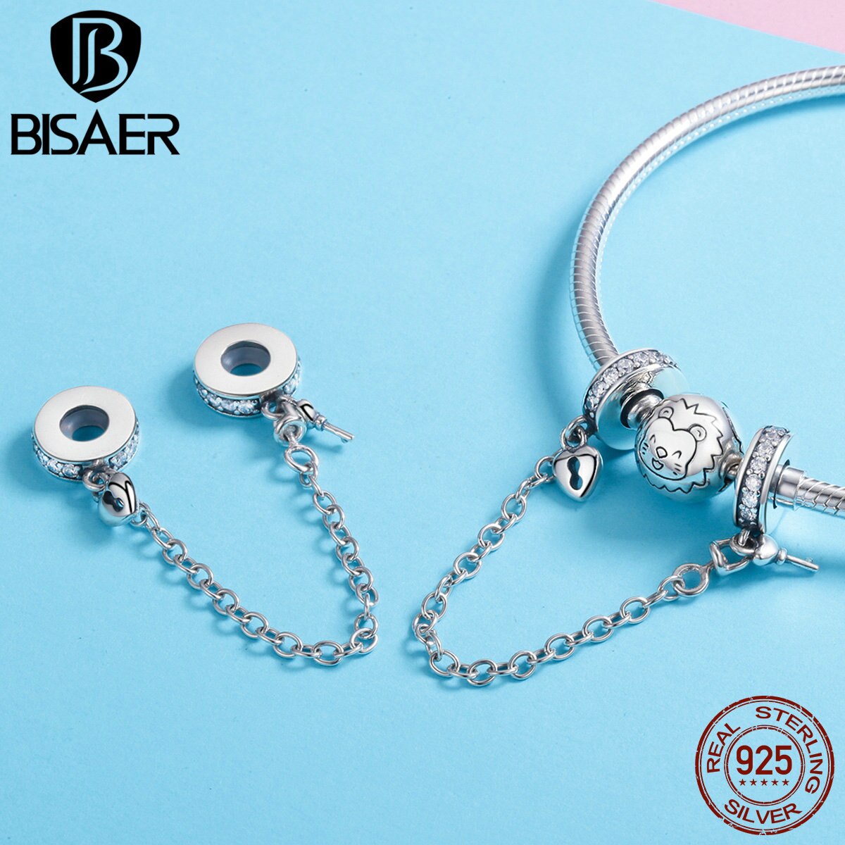 BISAER 925 Sterling Silver Key to Your Heart Dangle Safety Chain Stopper Fit Charm Silver 925 Bracelet Beads & Jewelry Making