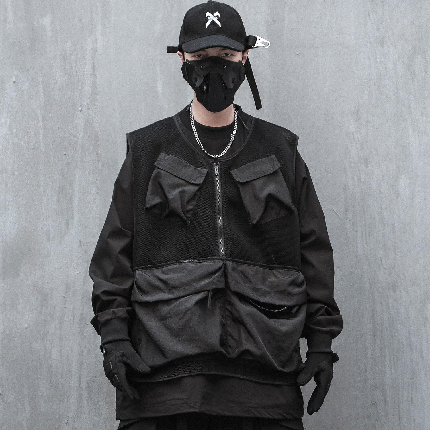 Men Streetwear Pockets Vest Black Techwear Zipper Jacket