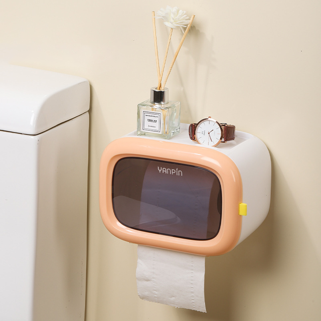 Double Layer Tissue Box Wall Mounted Toilet Paper Holder Waterproof Storage Box Mobile Phone Storage Table Bathroom Supplies: Orange C