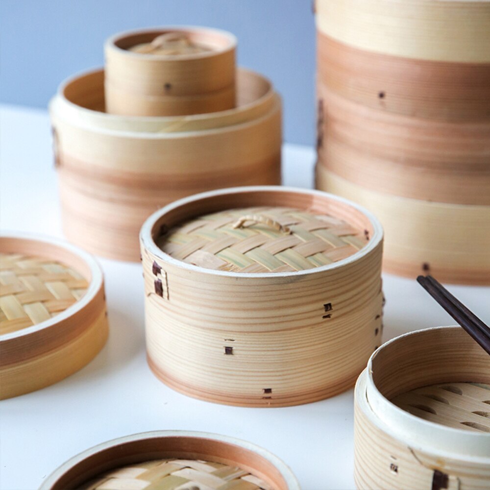 Round Bamboo Steamer For Chinese Food Xiaolongbao Jiaozi Steam Bread Safe Healthy China Style Bamboo Wooded Cooker Steamed Grid