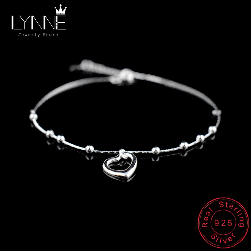 Heart Pendant Anklet 925 Sterling Silver Ladies Love Heart &amp; Bead Anklets Bracelet Foot Chain For Women Jewelry