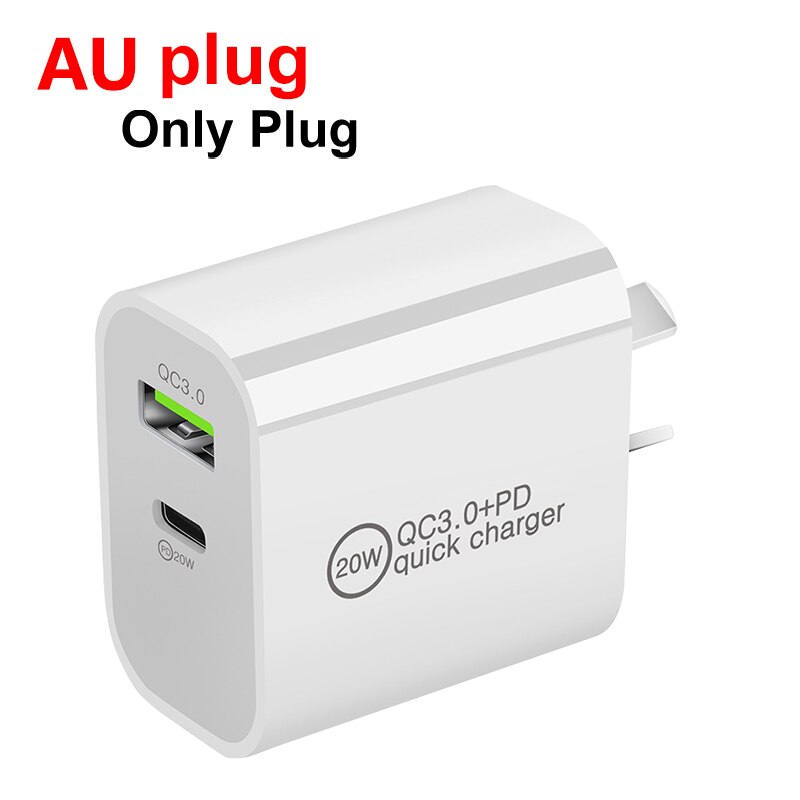 Szybka wtyczka USB PD 5V3A 9V2A QC3.0 telefon komórkowy tablet kabel ładowania dla UK/AU/US/ue dla iPhone/type-c 20W ładowarka biurowa: AU plug
