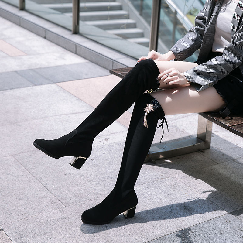 bottes hautes femme chevalier bottes sur le genou femmes chaussures d'hiver élastique cachemire troupeau glands talon carré chaussures femme