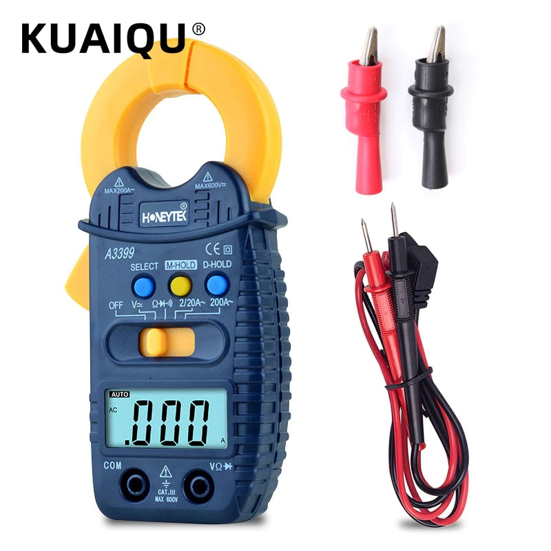 Kuaiqu multímetro braçadeira medidor dc atual a3399 mini atual digital amperímetro braçadeira tester ac/dc com pontas de prova para multímetro + clipe