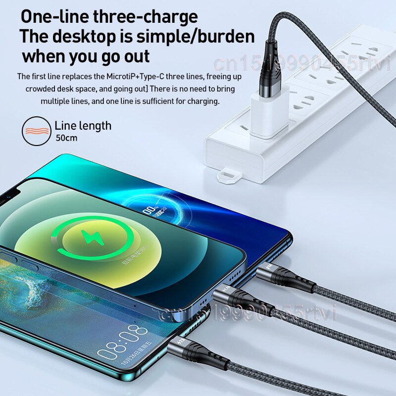 3-in-1 USB-Kabel 6A Schnelladen für iPhone, Huawei, Samsung - USB-A auf Typ-C, Mikro USB, Blitz