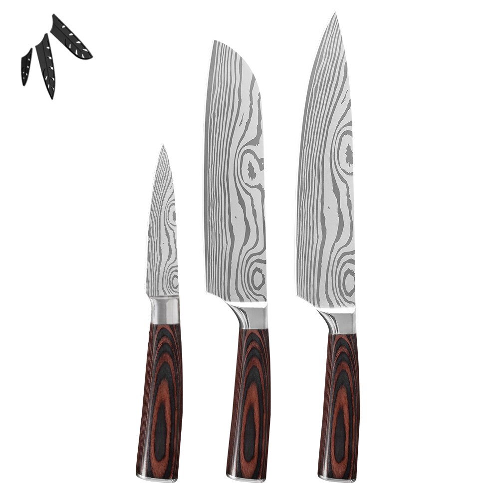 Sowoll køkken kokke knive sæt damaskus mønster klinge hakning santoku udbeningskniv kød fisk sushi madlavningsværktøj knivbetræk: I .3 stk sæt