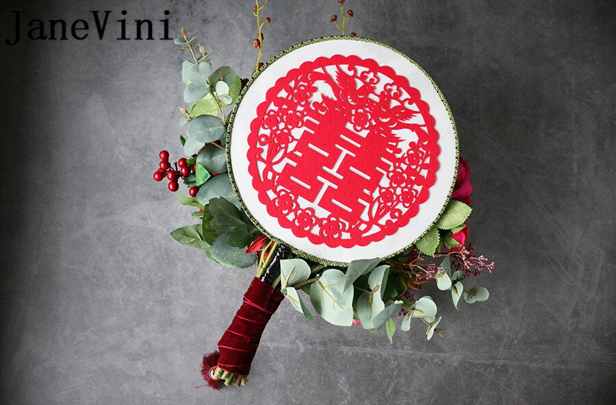 JaneVini Chinese Style Bridal Fan Handmade Red Rose Bride Wedding Bouquet Artificial Catwalk Holding Flowers Round Palace Fans