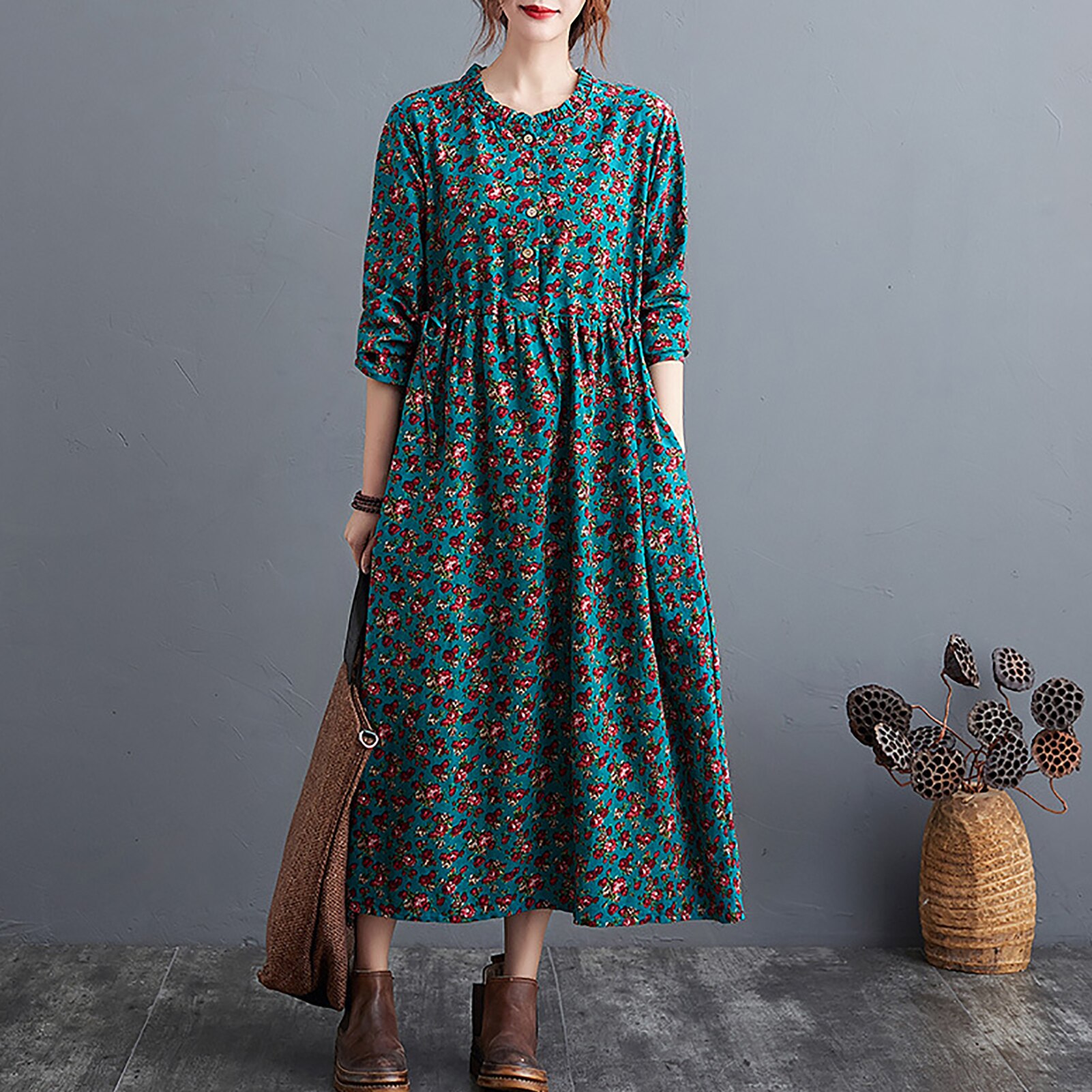 Vintage imprimé fleuri femmes robe coton lin plissé O cou taille cordon à manches longues poche latérale robes décontractées en vrac