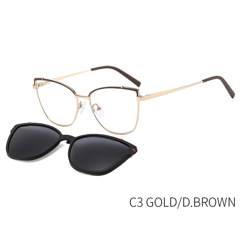 CEOFY – lunettes de soleil rétro polarisées en métal œil de chat pour femmes, monture de lunettes optique pour myopie, Prescription avec Clip,: B23108C3