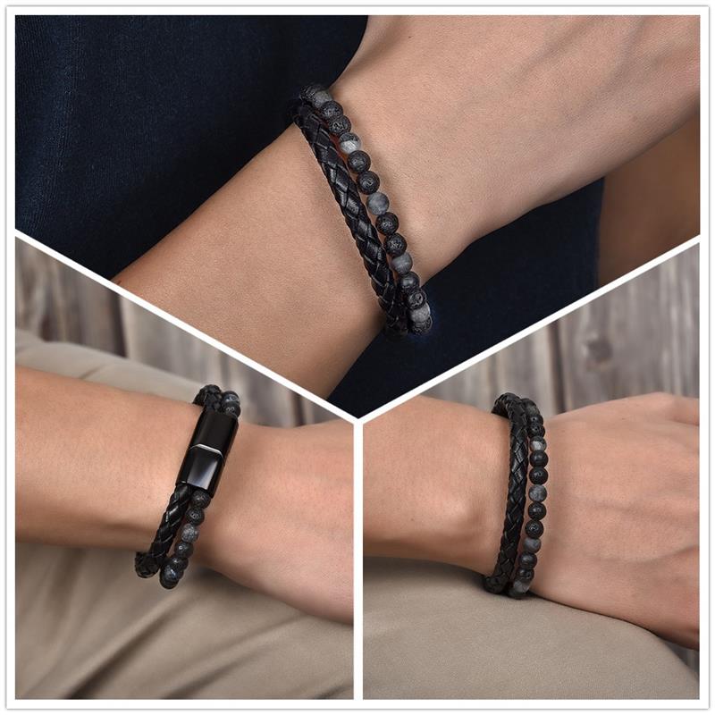 Jiayiqi leren armband, natuursteen kralen armbanden voor heren, roestvrij staal magnetische sluitingen bangle heren sieraden