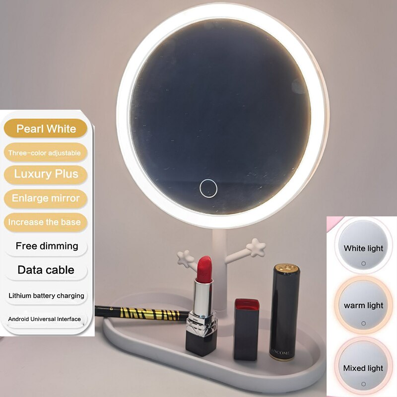 LED Makeup Mirror with Ring Light HD Vanity Mirrors Smart Touch Control Illuminated Stand Up Desk Table Mirror USB Charge: white ring led