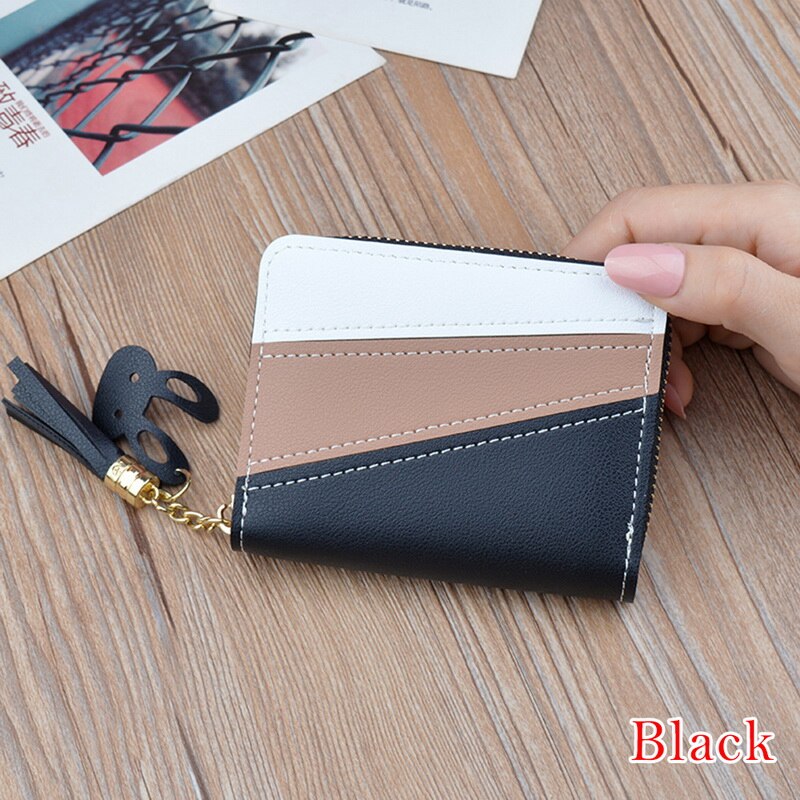 Women Wallets with Zipper Pink Phone Pocket Purse Card Holder Patchwork Women Long Wallet Lady Tassel Short Coin Purse: B Black