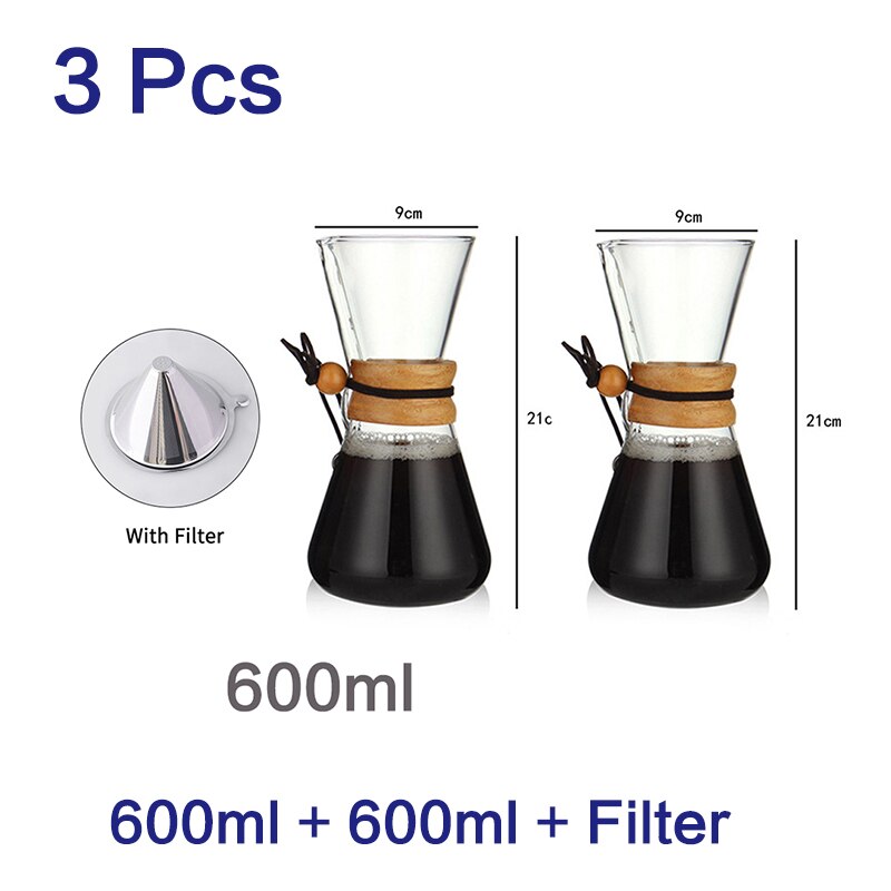 400ml 600ml 800ml Espresso Coffe Machine tea water Pot set Stainless Steel Filter Pot Resistant Glass Maker Coffee Pot: 600ml set