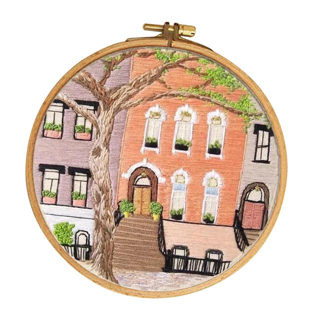 Embroidery Starter Kit - Colorful House Pattern, Pre-Printed Embroidery Cloth DIY Needlework Crafts: E002