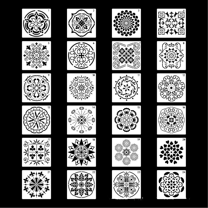 24 st olika mandala prickar målning stenciler mallar verktyg med svarta kartonger för trä stenar tyger väggkonst