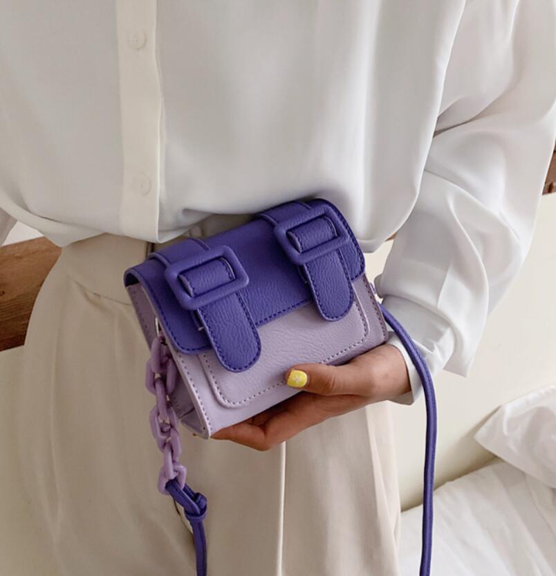 Contrast color Leather Crossbody Bags For Women Travel Handbag Simple Shoulder Messenger Bag Ladies Cross Body Bag: 14 CM Hit Purple