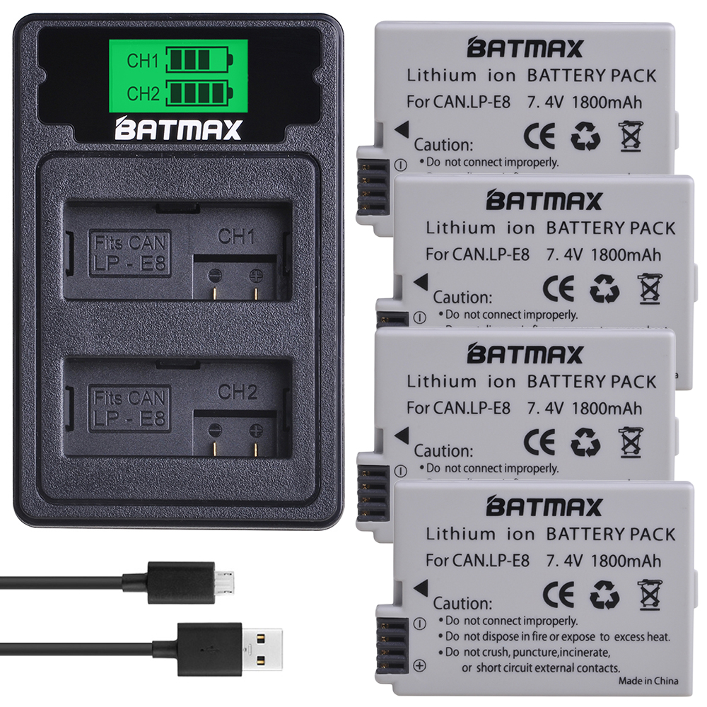 2Pcs 1800mah LP-E8 LP E8 LPE8 Camera Battery for Canon EOS 550D 600D 650D 700D Kiss X4 X5 X6i X7i Rebel T2i T3i T4i T5i Batterie: 4Pcs set