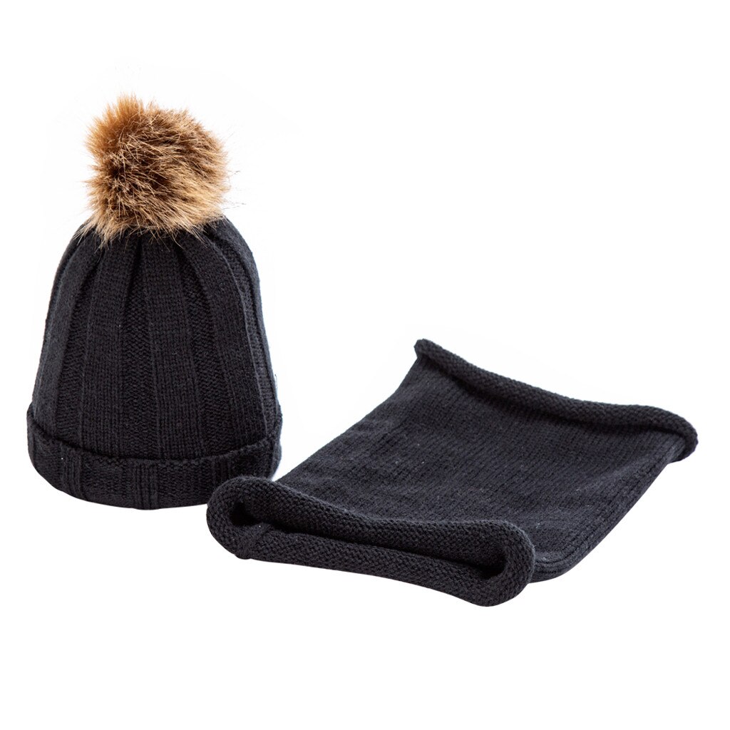 Ensemble bonnet écharpe pour enfants | Lot de 2 pièces, bonnet d'hiver en tricot torsadé solide, mignon écharpe chaude, chapeau czapka i komin colortin: Black