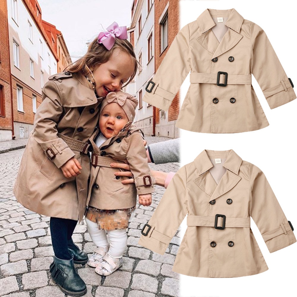 Brand Trench For Kids Girls Baby Solid Double-breasted Belted Lapel Beige Lined Trench Long Jacket Coat Autumn