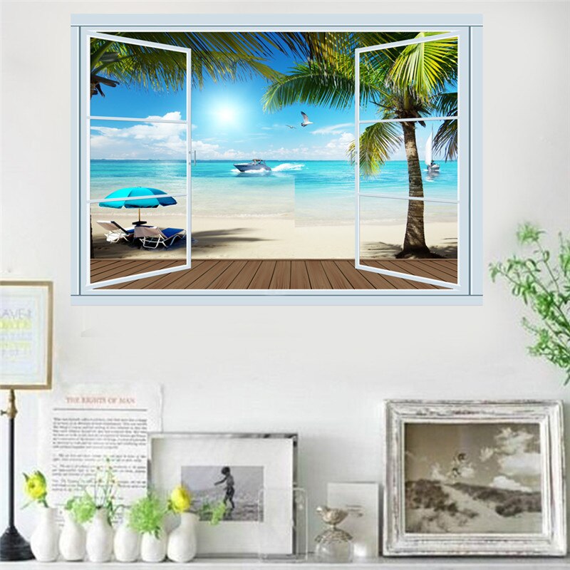 3d vivid window Beach Palm tree wall decals living room bedroom home decor art cartoon wall stickers posters