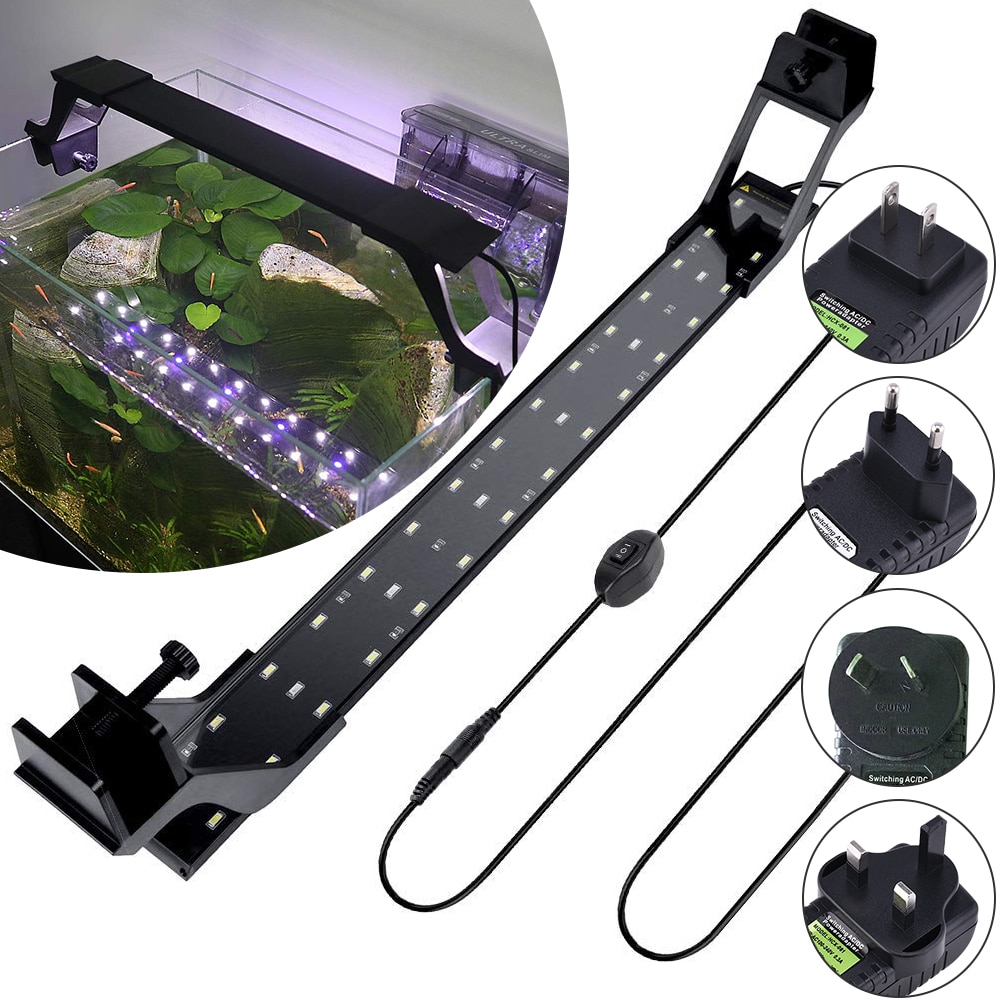 Super Bright LED Aquarium Light Double Bracket Blue and White Light Fish Tank Lamp Light with Extendable Bracket 36LEDs D30