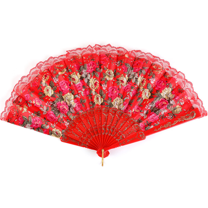 Vintage Flower Pattern Folding Fans Bronzing Wood Silk Plastic Hand Fans With Lace Ribbon Edge Dance Wedding Party Prop