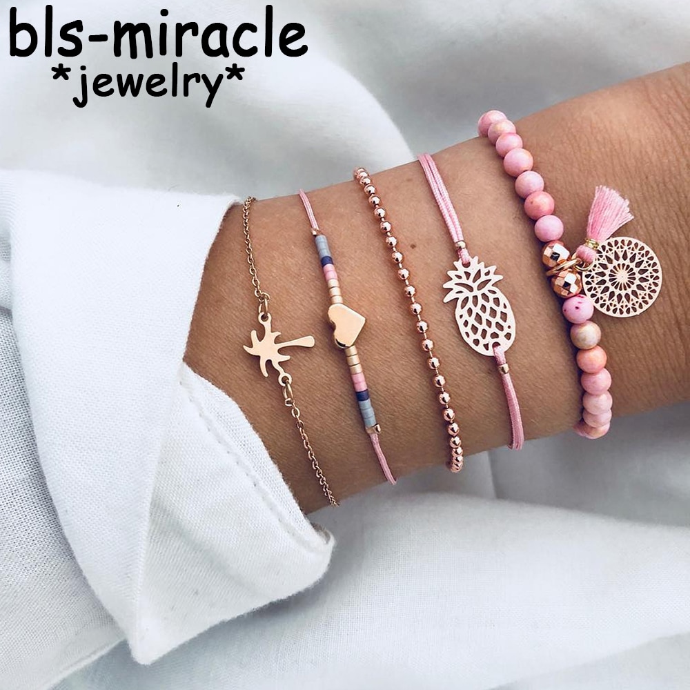 Bls-miracle Bohemian Tassel Beads Charm Bracelets Set For Women Pineapple Heart Multiple Styles Bracelet Jewelry